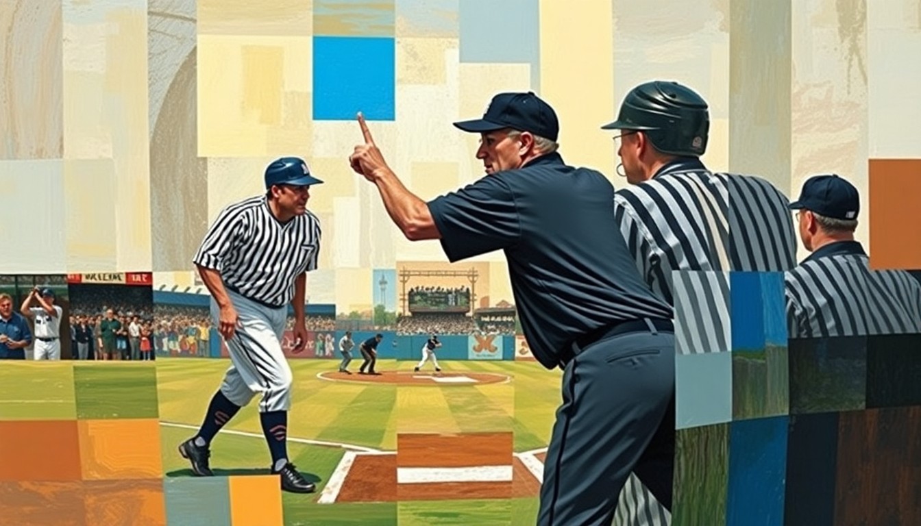 A cubist, geometric painting depicting a baseball umpire making a controversial call at home plate, with the umpire's body and the field of play fractured into sharp, overlapping planes of color.