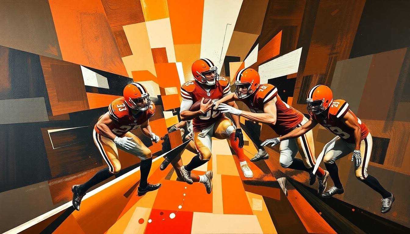 A cubist, geometric painting depicting a football player in motion, with sharp, overlapping planes of orange, brown, and white representing the Cleveland Browns' team colors.