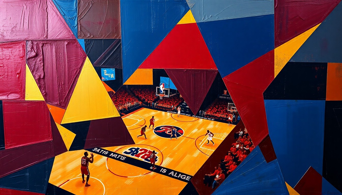 A cubist, geometric painting depicting a fragmented basketball court scene, with players' forms broken down into sharp, overlapping shapes in a rich color palette, conveying the strategic complexity of the playoffs.
