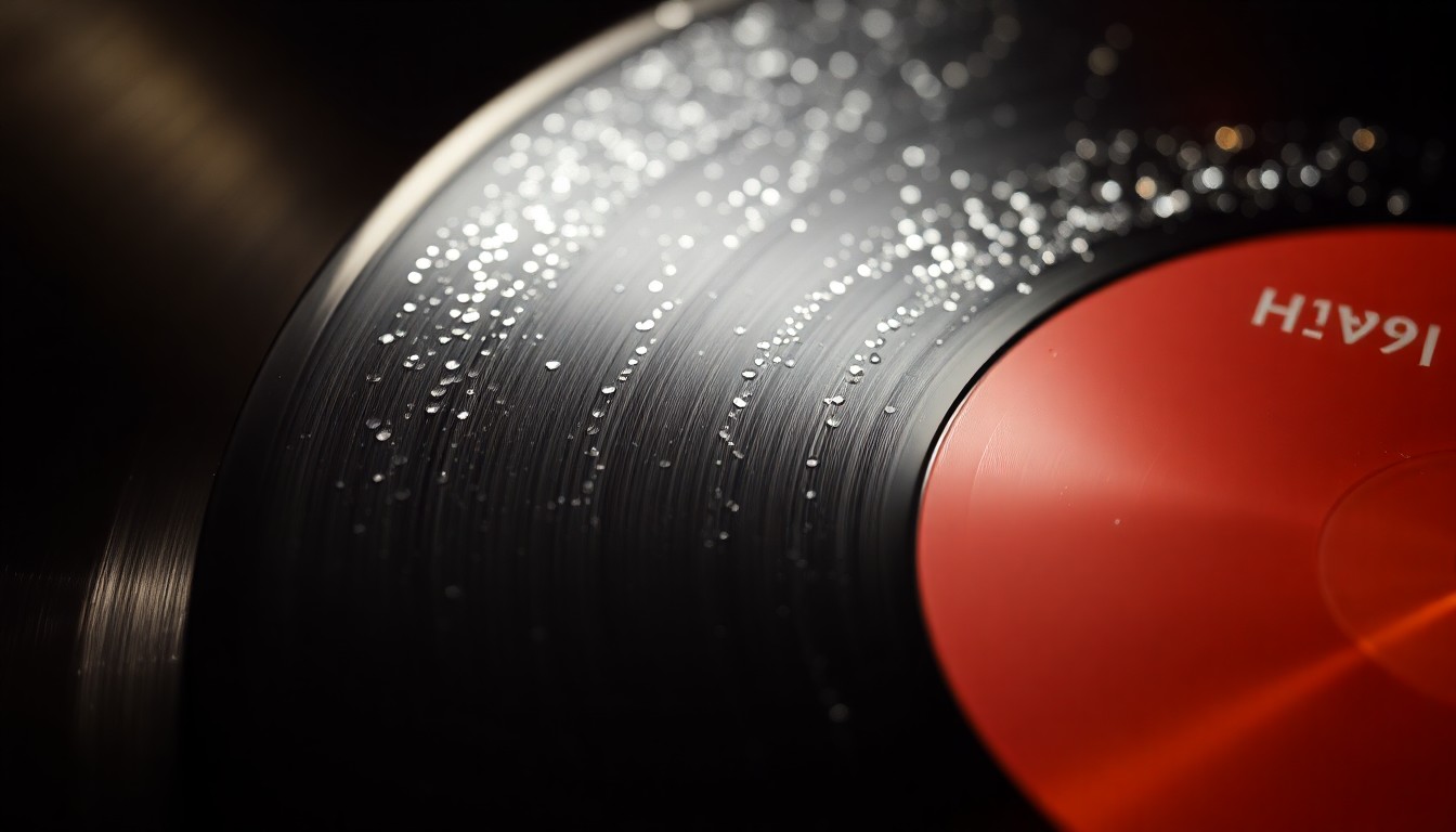 An extreme close-up photograph of highly reflective, glittering textures associated with country music vinyl records, using dramatic studio lighting to create a high-fashion, luxurious aesthetic.