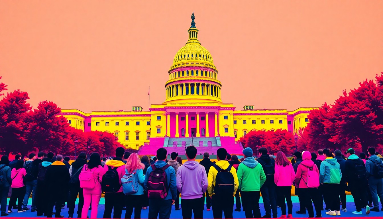 A colorful, abstract silkscreen-style illustration depicting a group of students standing in front of the U.S. Capitol building, repeated in a grid pattern with bold, vibrant colors and heavy black outlines, capturing the energy and excitement of a school field trip to Washington, D.C.