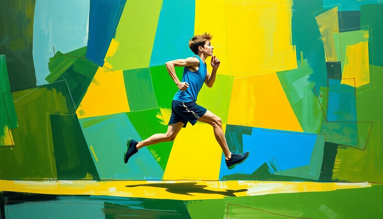 A dynamic, fragmented painting depicting a young runner in motion, with their body broken down into overlapping geometric shapes in a vibrant color palette, capturing the energy and movement of the sport.
