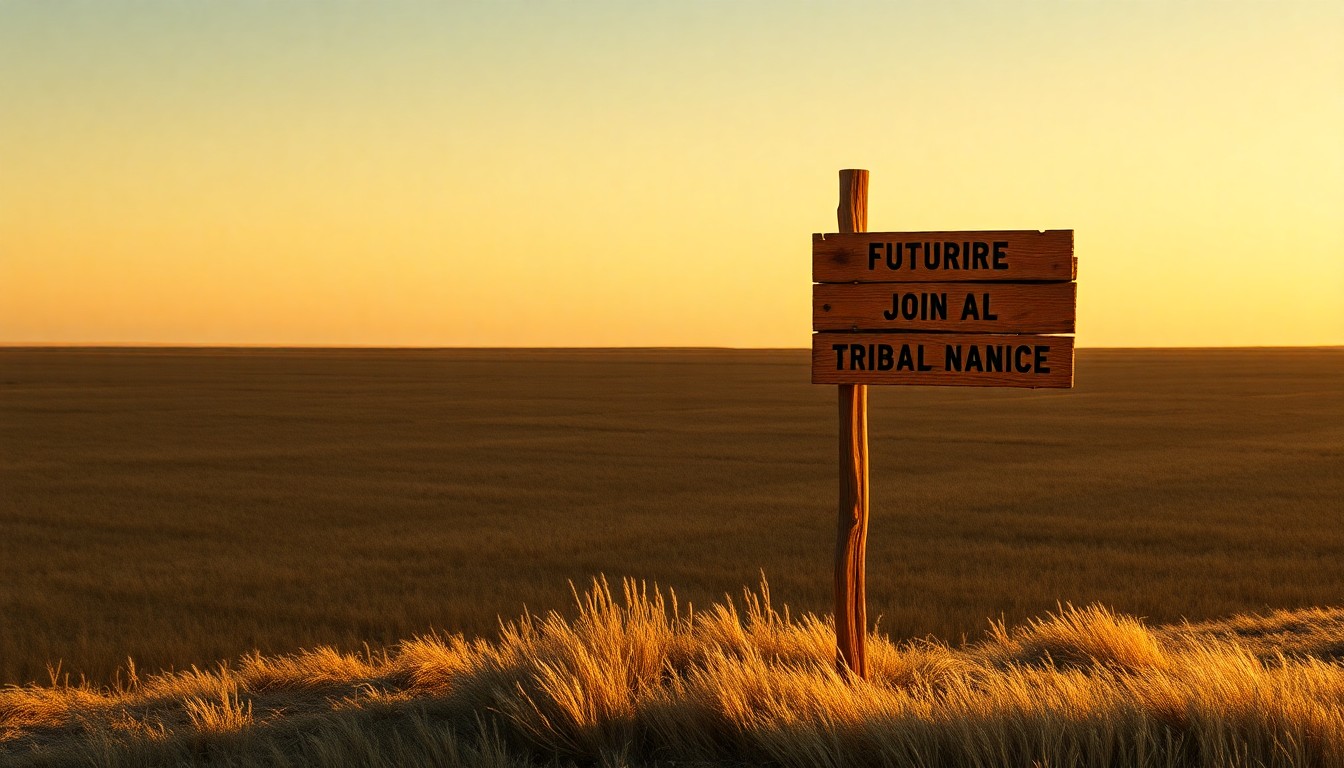 A weathered wooden signpost standing alone in a vast, empty field, with warm sunlight and deep shadows creating a sense of isolation and quiet contemplation about the future of tribal governance.
