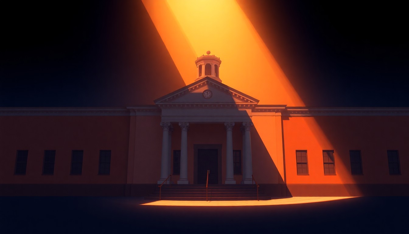 A serene, photorealistic painting of a county courthouse building in warm, muted tones, with dramatic shadows and sunlight, conveying a sense of civic duty and governmental responsibility.