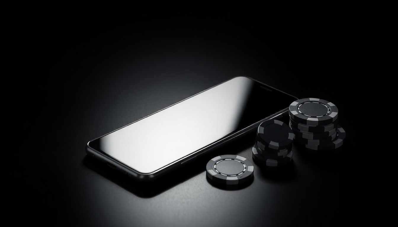 A high-end, photorealistic studio still-life photograph featuring a sleek, modern smartphone, a casino chip, and a playing card arranged on a polished black surface, conveying a sense of corporate sophistication and the integration of digital and physical gambling experiences.