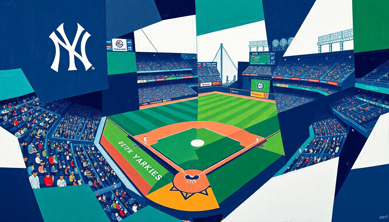A cubist, geometric painting depicting a baseball game in progress, with the players and field broken down into overlapping planes of navy, green, and white shapes.