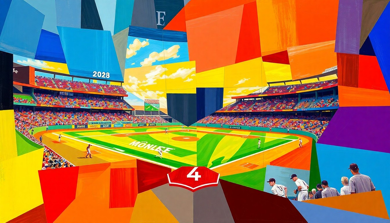 A vibrant, cubist-style painting depicting a high-scoring softball game broken down into fragmented geometric shapes and planes of bold, primary colors, conveying the energy and intensity of the lopsided victory.