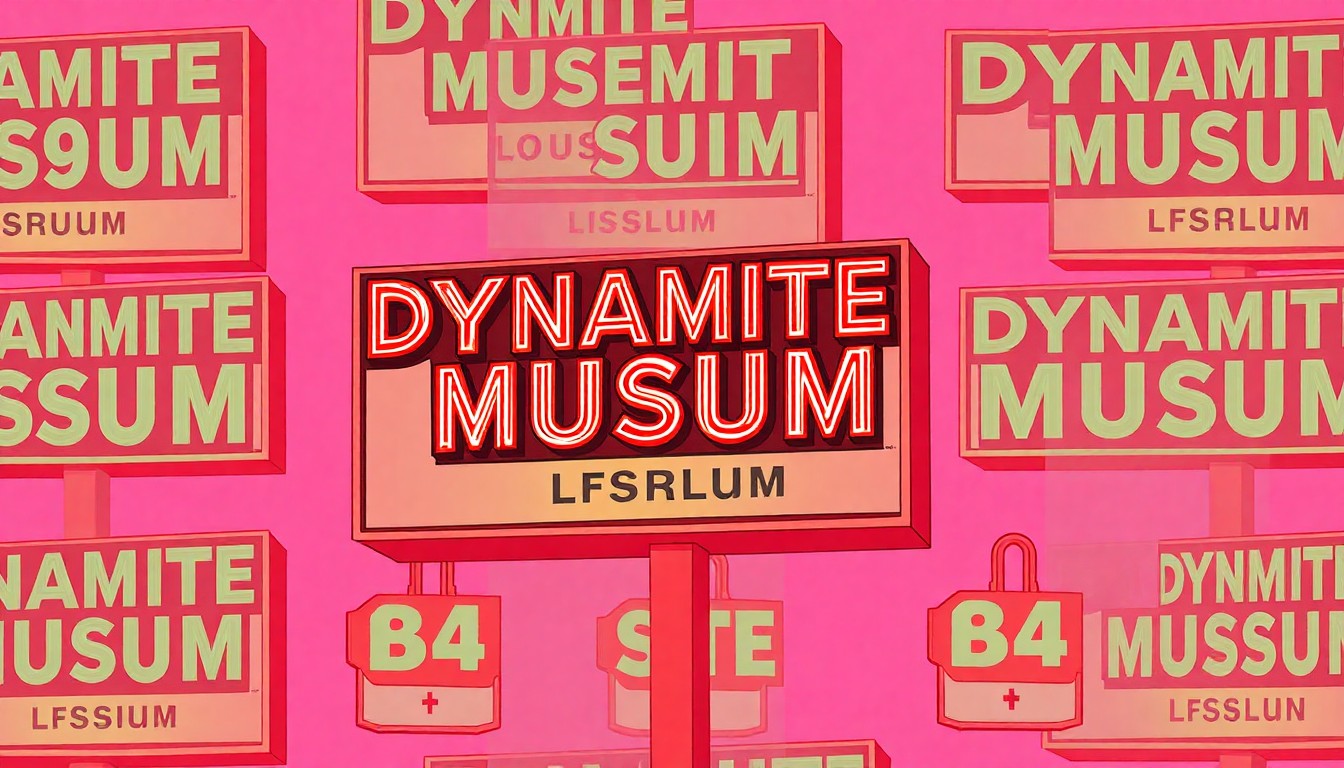 A bold, vibrant silkscreen print featuring a single Dynamite Museum sign repeated in a grid pattern, conceptually representing the playful scavenger hunt to discover these unique landmarks across the city of Amarillo.