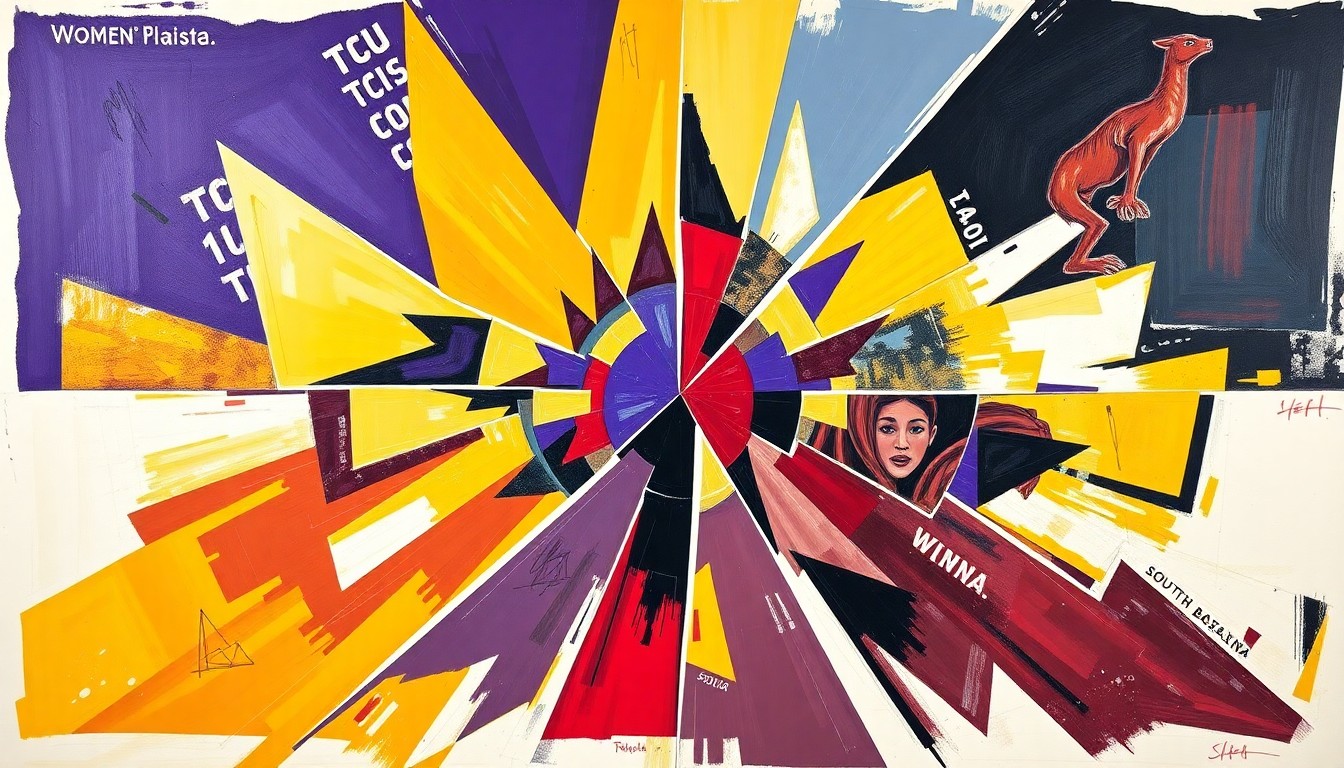 An abstract, cubist-style painting depicting the intense action of a women's basketball game, with sharp, overlapping geometric shapes in the colors of TCU and South Carolina colliding on the court.