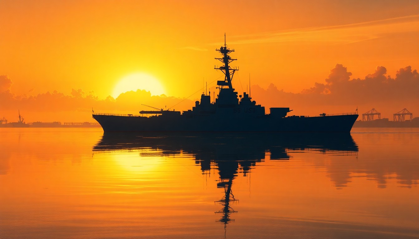 A serene, painterly depiction of a US Navy destroyer ship silhouetted against a warm, golden sunset sky, with the Panama Canal locks visible in the background, conveying a sense of tranquility and the importance of regional maritime security.