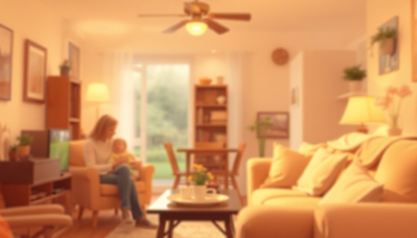 An extremely abstracted, out-of-focus photograph in warm tones depicting a cozy domestic scene, conceptually representing the comforting, familial atmosphere of Joyce A. Hodge's life.
