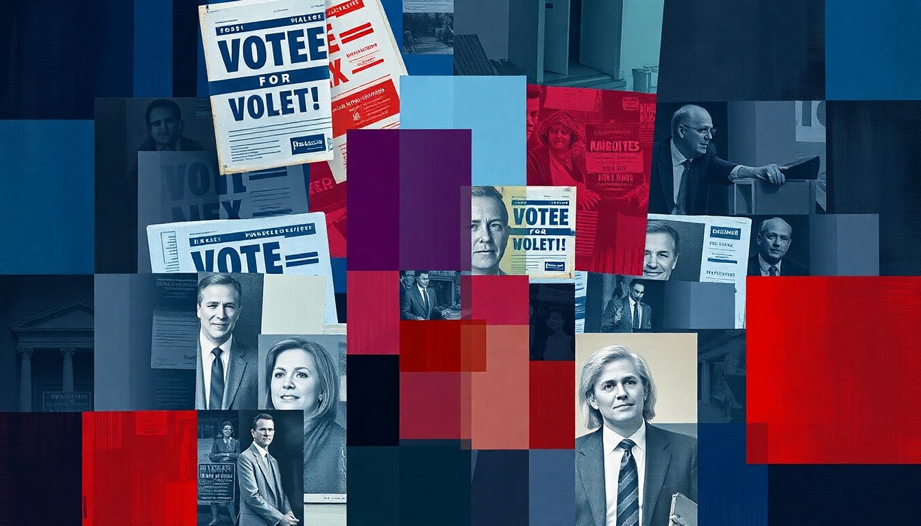 A dynamic, fragmented painting featuring overlapping images of political campaign mailers, ballot boxes, and voting booths in a palette of blues, grays, and reds, conceptually representing the divisive and opaque nature of this local election.