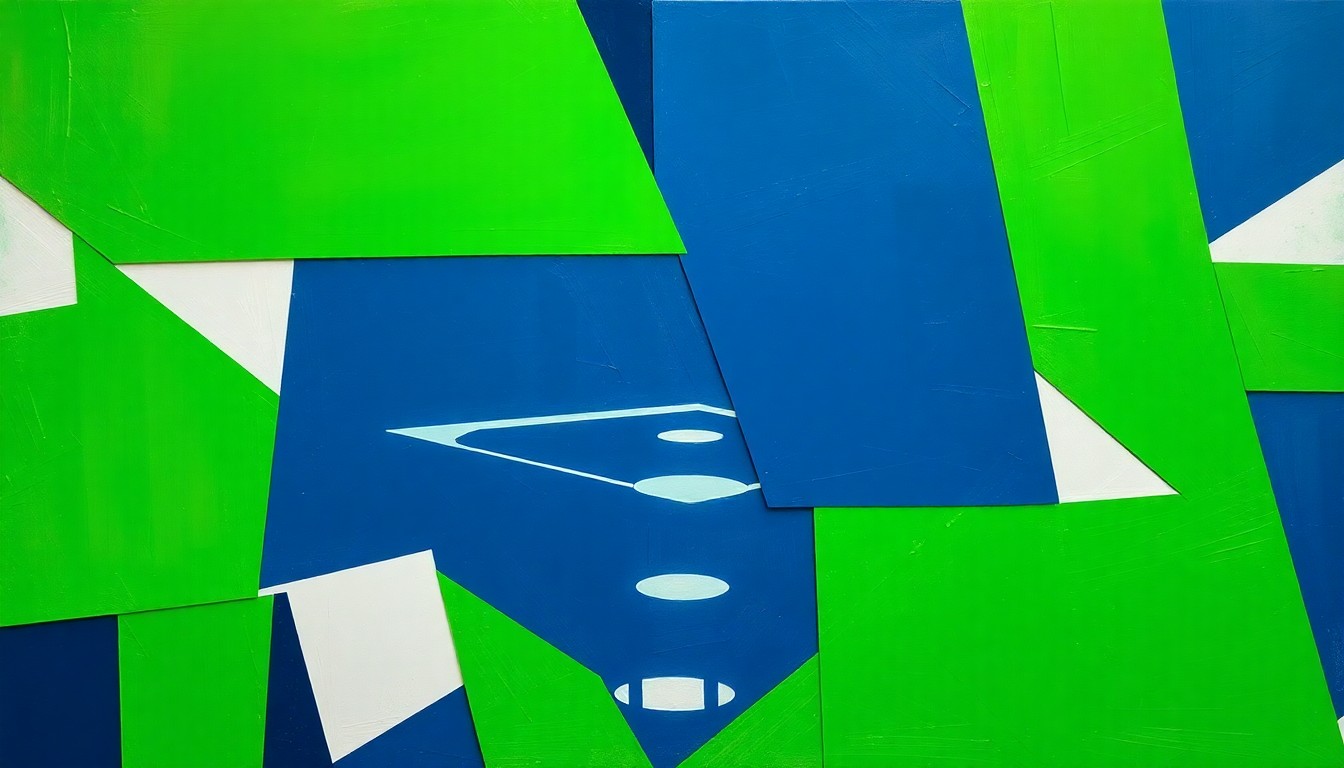 A cubist, geometric painting depicting the dynamic action of a high school softball game, with overlapping planes of green, blue, and white representing the players, field, and equipment.