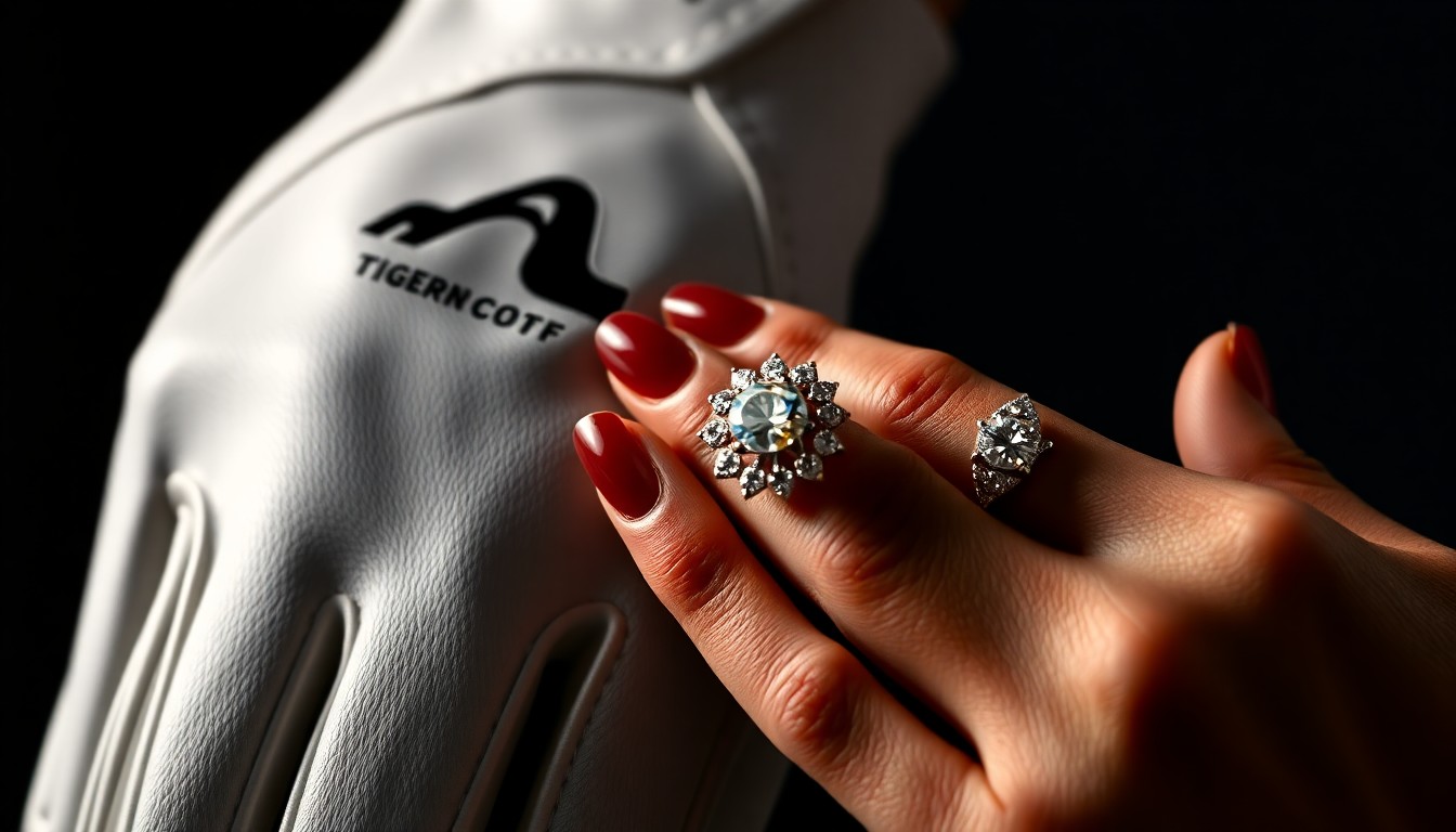 An extreme close-up photograph of a golf glove and diamond ring, shot in dramatic high-contrast studio lighting to create a luxurious, high-fashion aesthetic, conceptually representing the enduring glamour of Tiger Woods and Vanessa Trump's relationship.