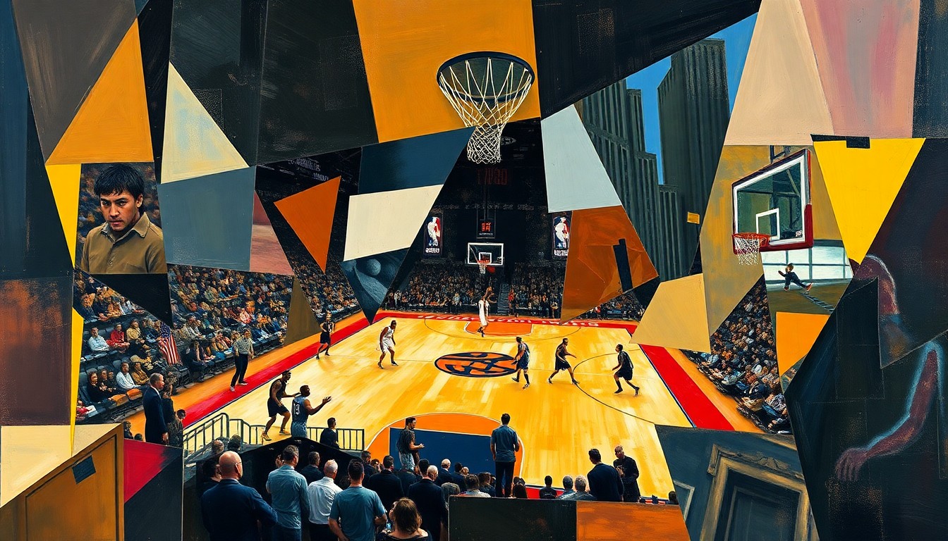 A cubist, geometric painting depicting a fragmented and deconstructed basketball game, with sharp, overlapping planes of color and shape representing the multifaceted nature of the Jaden Ivey controversy.