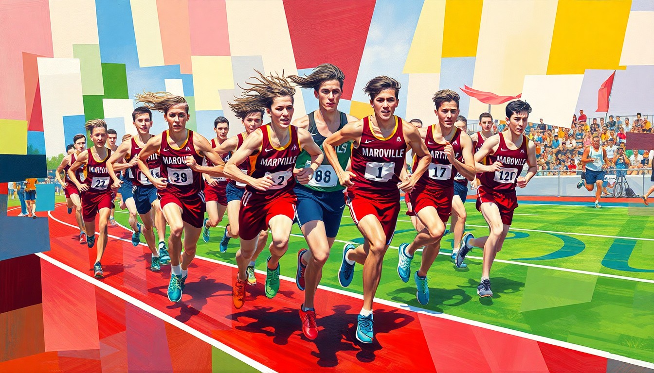 A fractured, cubist-style painting depicting high school track and field athletes in motion, with sharp geometric planes of color representing the Madisonville-North Hopkins Maroons' uniforms and equipment on the field.