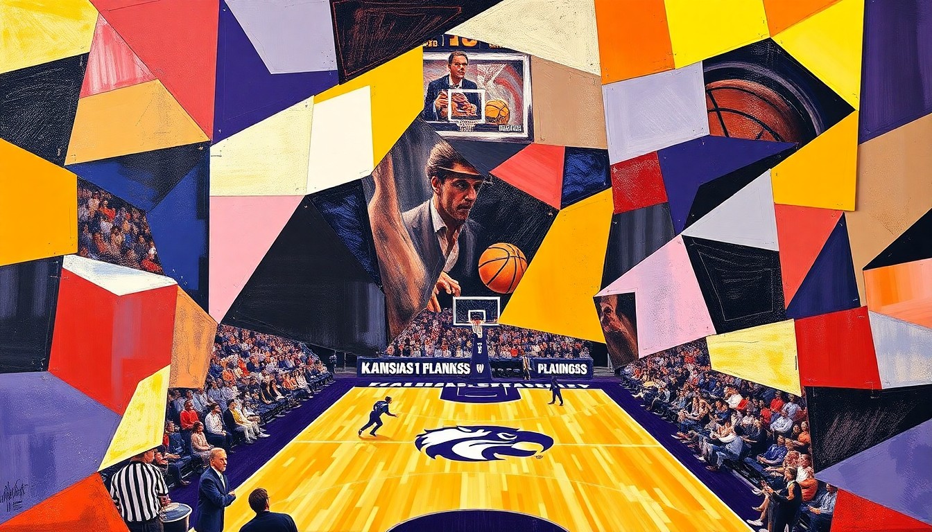 A cubist-style painting featuring sharp, overlapping geometric shapes in the colors of the Kansas State University basketball team, conveying the sense of transition and change within the program.