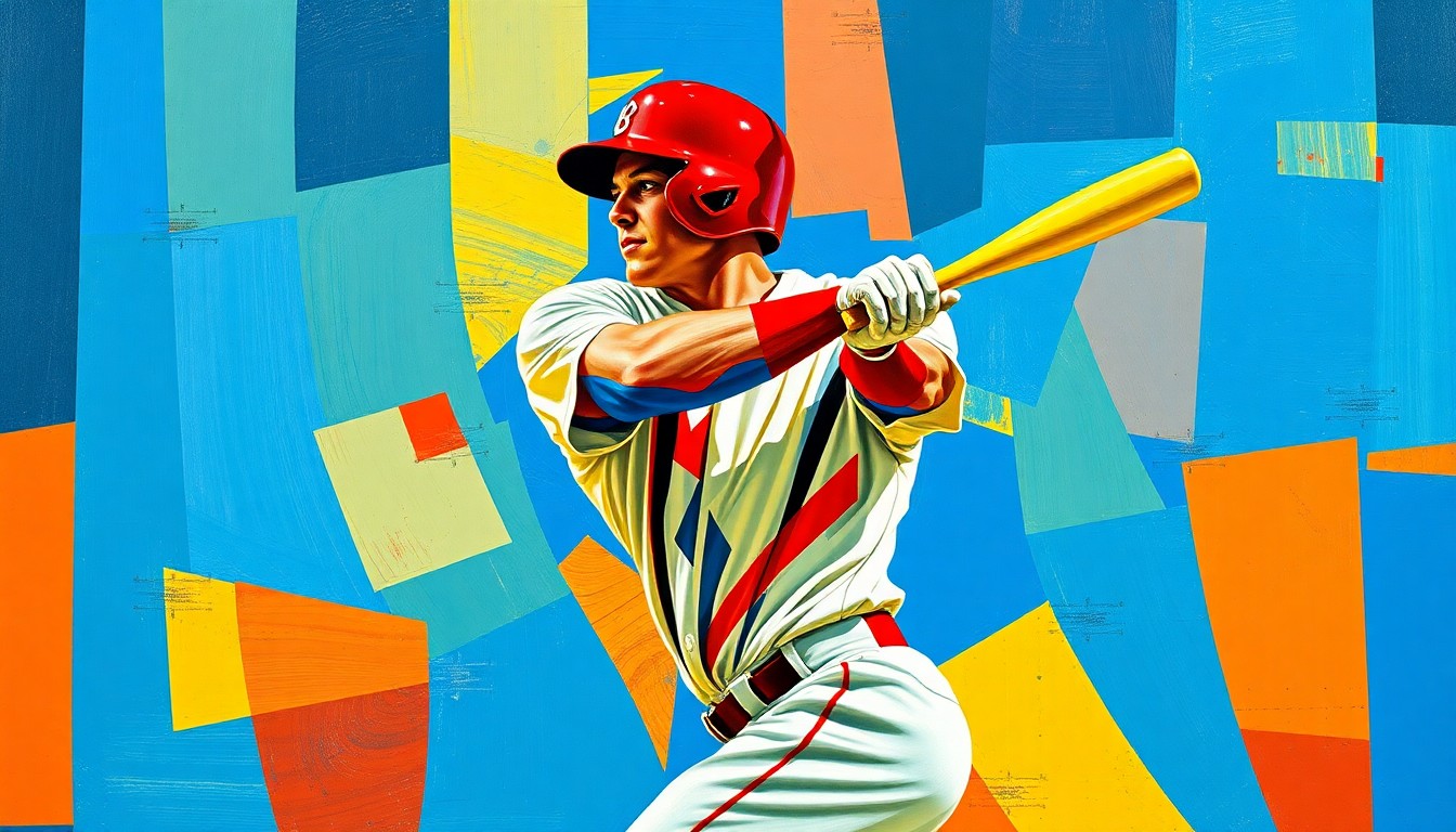 A cubist-style painting depicting a baseball player's batting motion broken down into sharp, overlapping geometric shapes in vibrant colors, conveying the raw energy and athleticism of the sport.