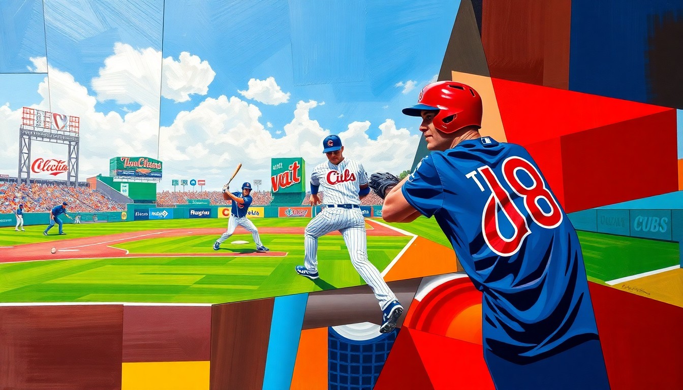A cubist-style painting depicting a baseball player, likely a first baseman, broken down into sharp, overlapping geometric shapes and planes in the Cubs' team colors of royal blue, red, and white, capturing the dynamic motion and energy of the sport.