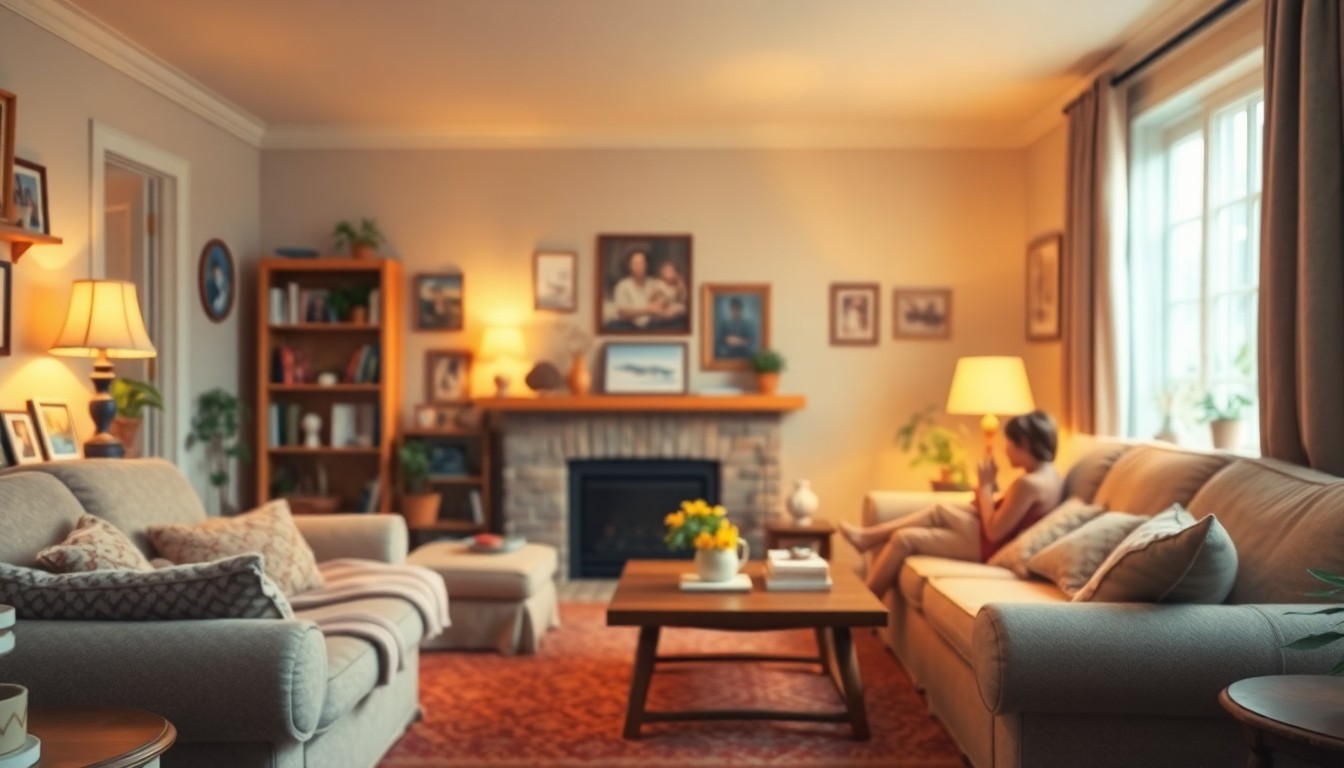 A hazy, impressionistic scene of a cozy living room filled with soft light and hints of family mementos, conveying a sense of warmth, comfort and the enduring presence of a beloved matriarch.