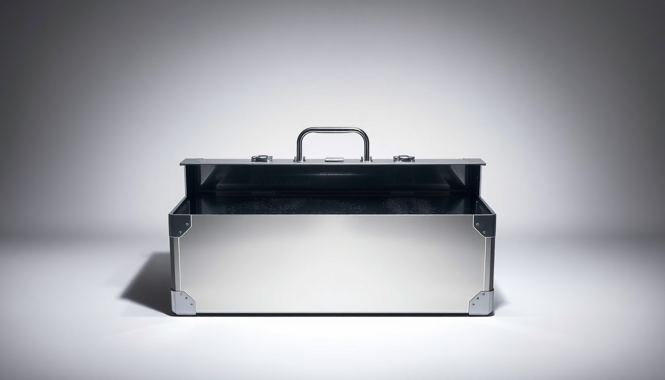 A high-end, photorealistic studio still-life photograph featuring a polished, geometric metal toolbox with a water-damaged interior, representing the advanced restoration services provided by 911 Restoration of Bakersfield.
