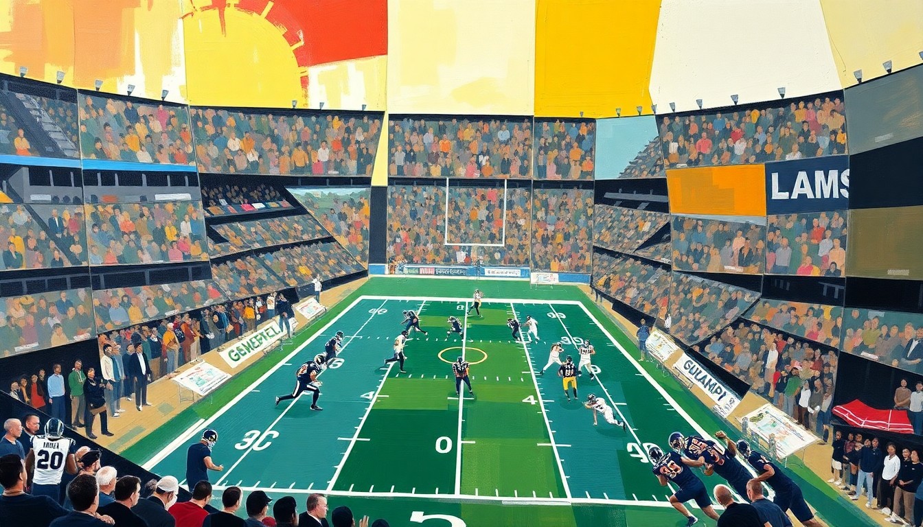 A fragmented, geometric painting depicting a football game or match, with players and the field broken down into sharp, overlapping planes of color and shape, conveying the strategic complexities of an NFL team building around its veteran quarterback.