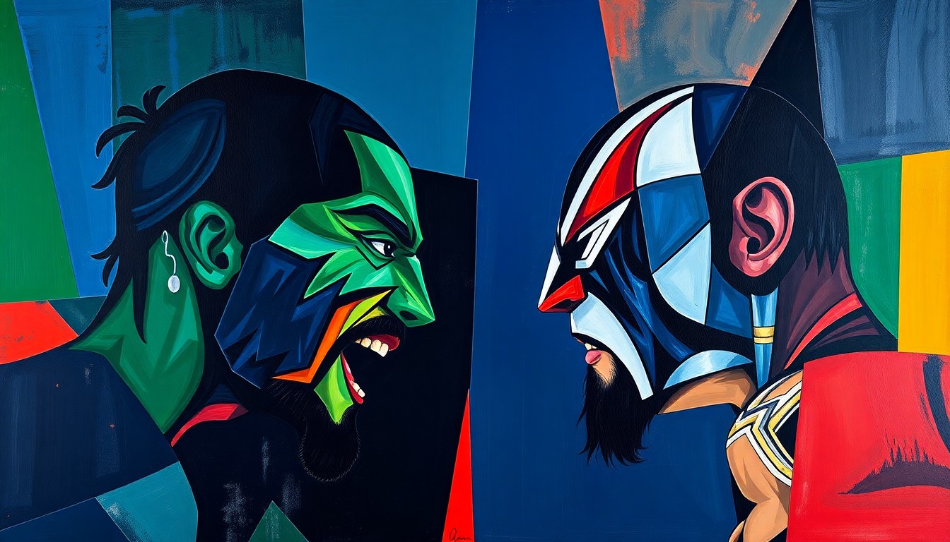 A cubist, geometric painting depicting the silhouettes of two wrestlers in mid-action, their forms broken down into sharp, overlapping planes of navy, green, and red, capturing the raw energy and tension of their upcoming match.