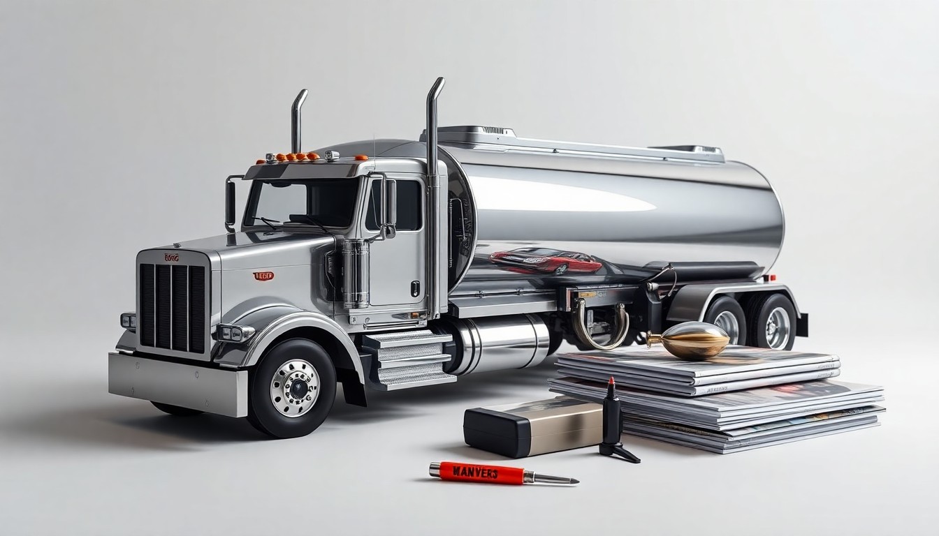 A high-end studio photograph featuring a chrome-plated tanker truck model, industry magazines, and other premium industrial objects arranged elegantly on a clean white background, conveying the power, precision, and prestige of the tank truck industry.