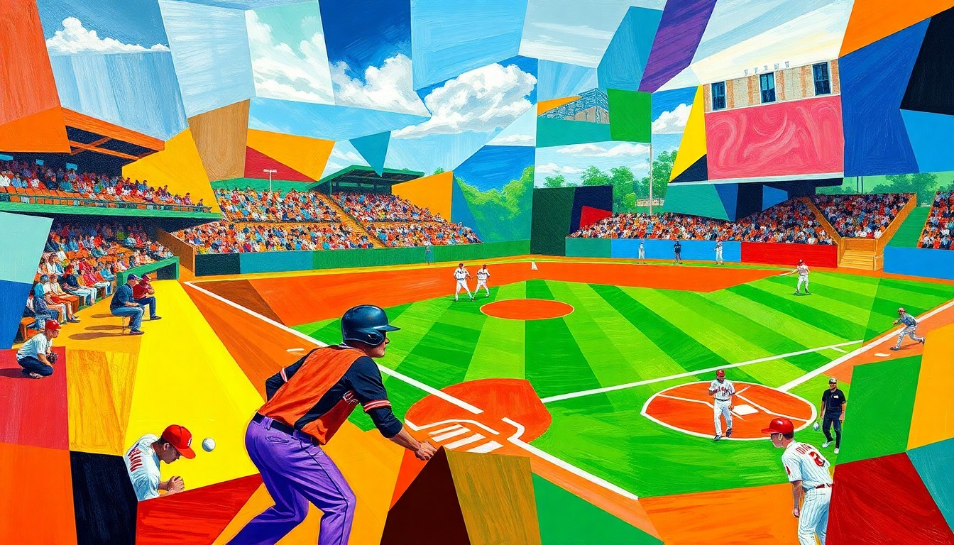 A cubist, geometric painting depicting the dynamic movements and energy of a high school baseball game, with overlapping planes of bright colors representing the players, field, and action.
