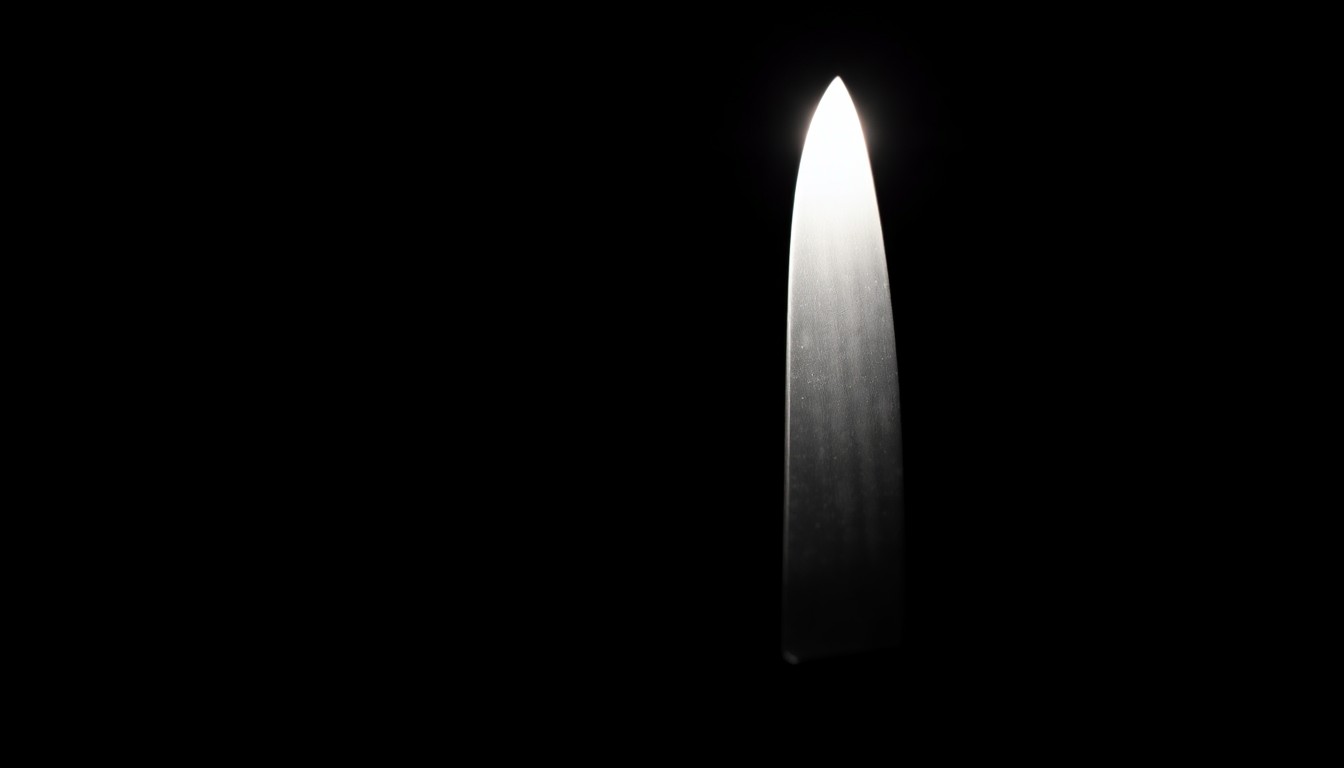 An extreme close-up photograph of a sharp metal object, such as a knife, against a black background, conveying the violent nature of the alleged crimes.