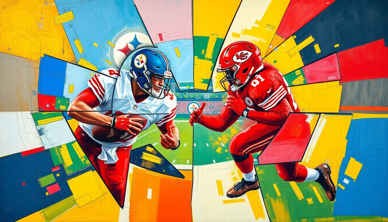 A fragmented, geometric painting depicting a football game or match, with sharp planes of color and overlapping perspectives, representing the dynamic interplay between the Chiefs' star quarterback and his new understudy.