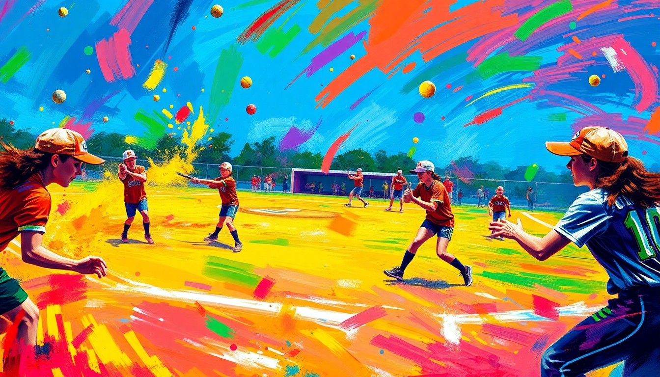 An abstract, expressionist painting in vibrant neon colors, capturing the intense energy and movement of a high school softball game with players' forms dissolving into dynamic brushstrokes.