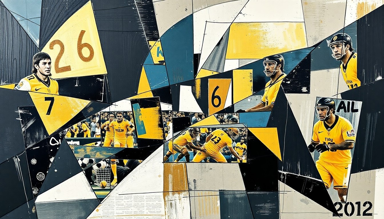 A cubist, geometric painting depicting a fragmented football game or match, with sharp planes of black, gold, and steel blue representing the tension and uncertainty surrounding the Steelers' quarterback situation.