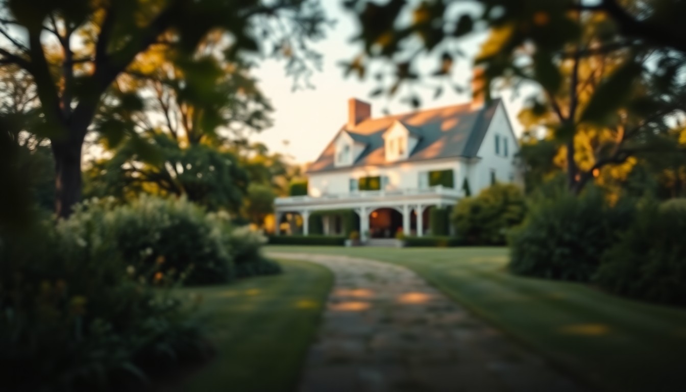 An extremely abstracted, out-of-focus photograph of a historic farmhouse surrounded by lush greenery, captured in soft pools of warm light and color, conveying a sense of nostalgia and tranquility.