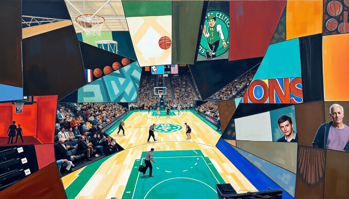A fragmented, geometric painting depicting a basketball game between two teams, with the players and court broken down into sharp, overlapping shapes and planes of color, conveying the strategic challenges of the Celtics-Hornets matchup.