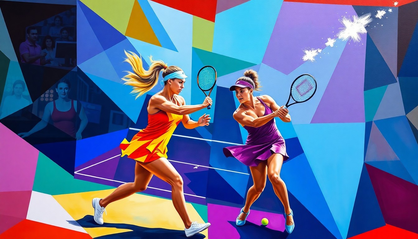 A fractured, multi-perspective painting in bold, geometric shapes and colors representing the powerful strokes, athletic movements, and electric atmosphere of the Miami Open women's singles final between Aryna Sabalenka and Coco Gauff.