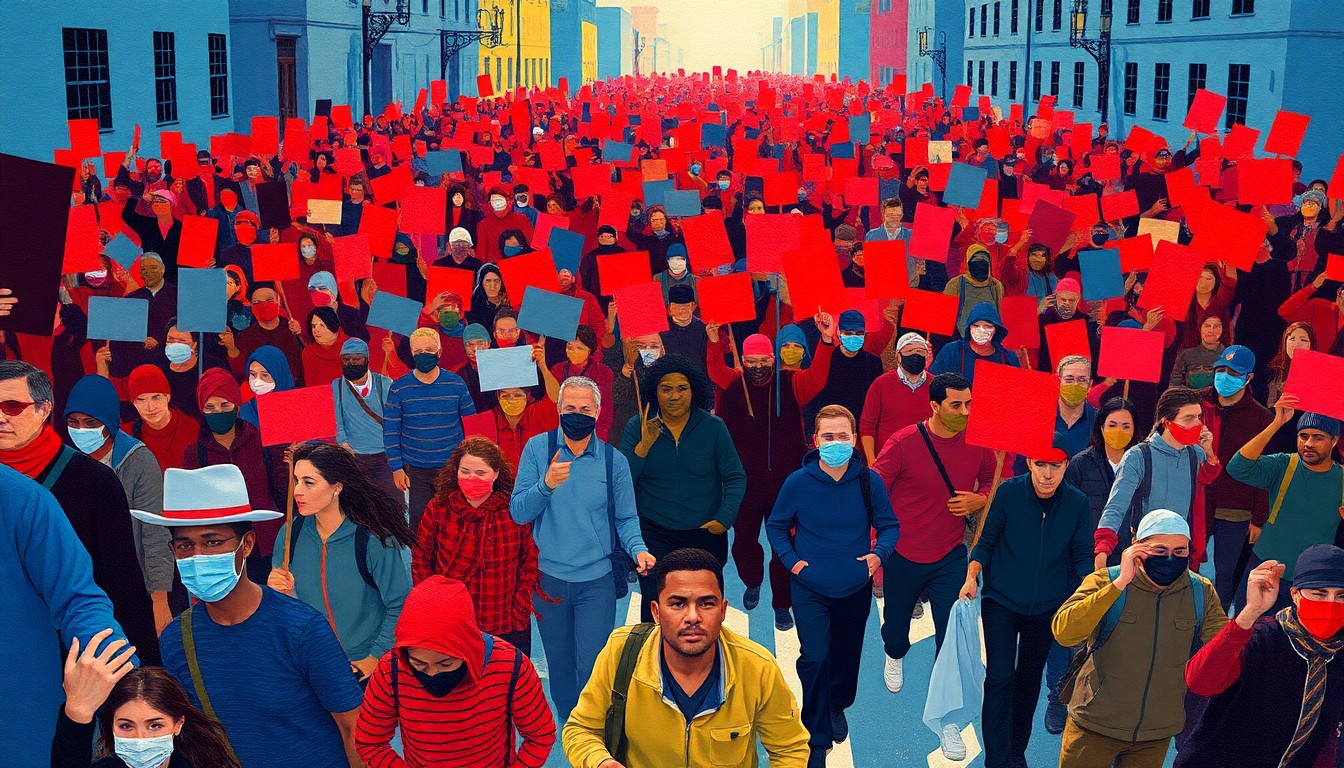A dynamic, abstract painting of a large crowd of protesters marching through the streets, their figures repeated in overlapping, fractured, geometric waves of vibrant colors, conceptually representing the energy and passion of the political demonstration.