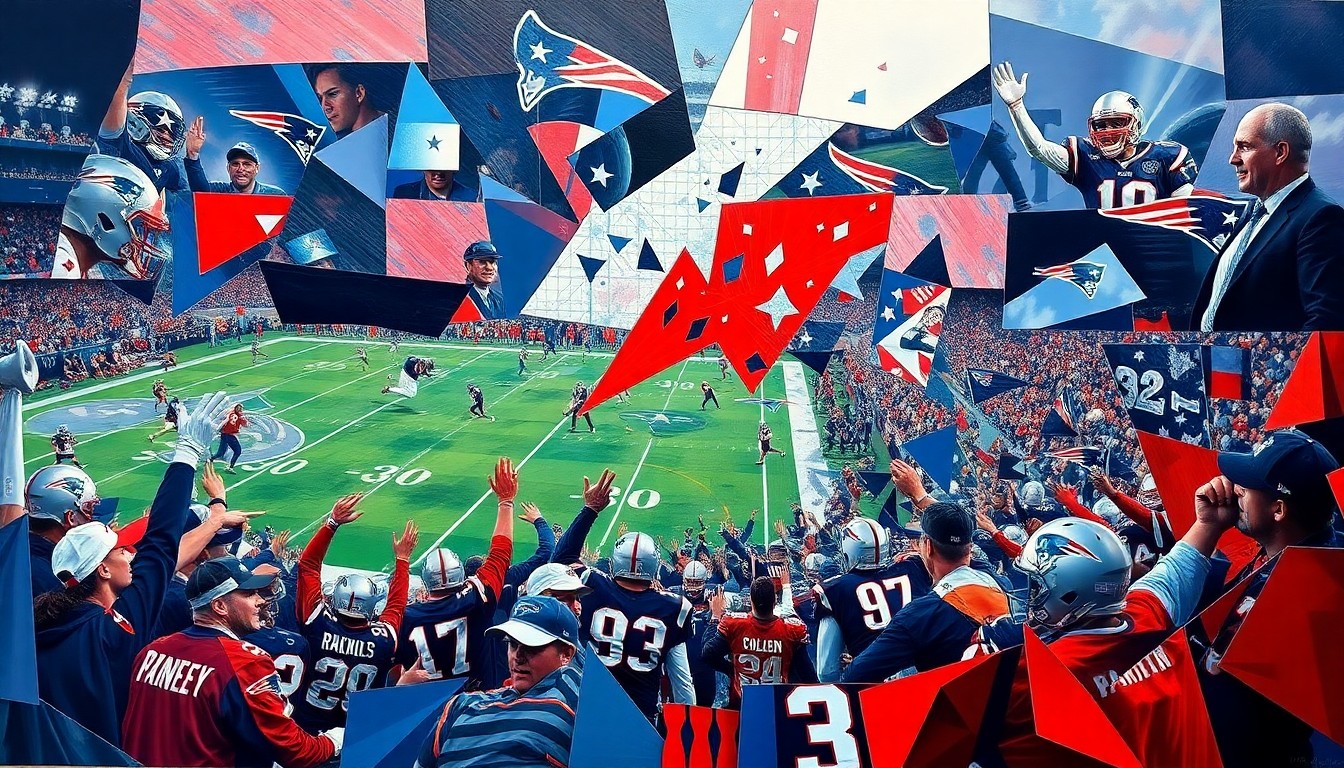 A cubist, geometric painting depicting fragmented, overlapping images of a Patriots football game, with sharp planes of navy blue, red, and silver colors representing the team's uniforms and equipment.