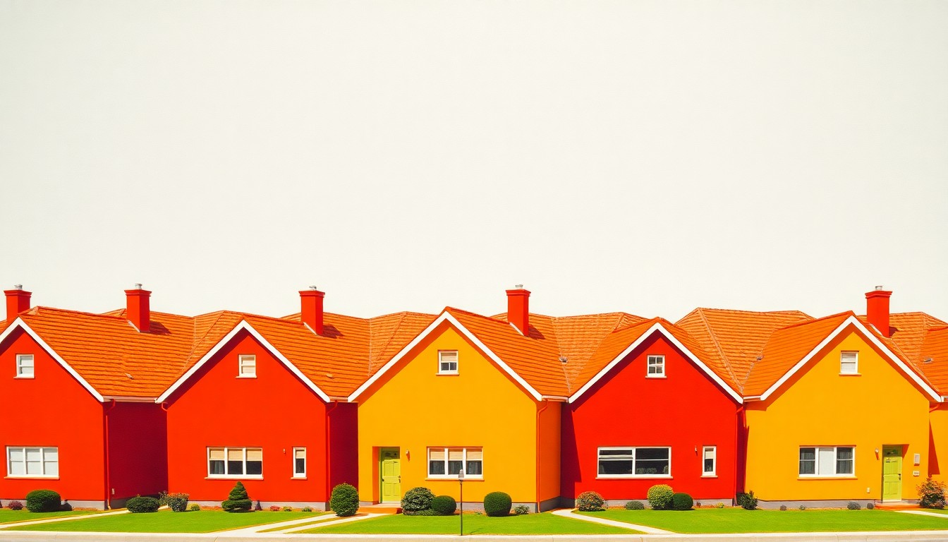 A bold, colorful silkscreen print featuring a repeating pattern of stylized suburban houses in warm, vibrant hues, conceptually representing the high quality of life and appeal of eastern Montgomery County neighborhoods.