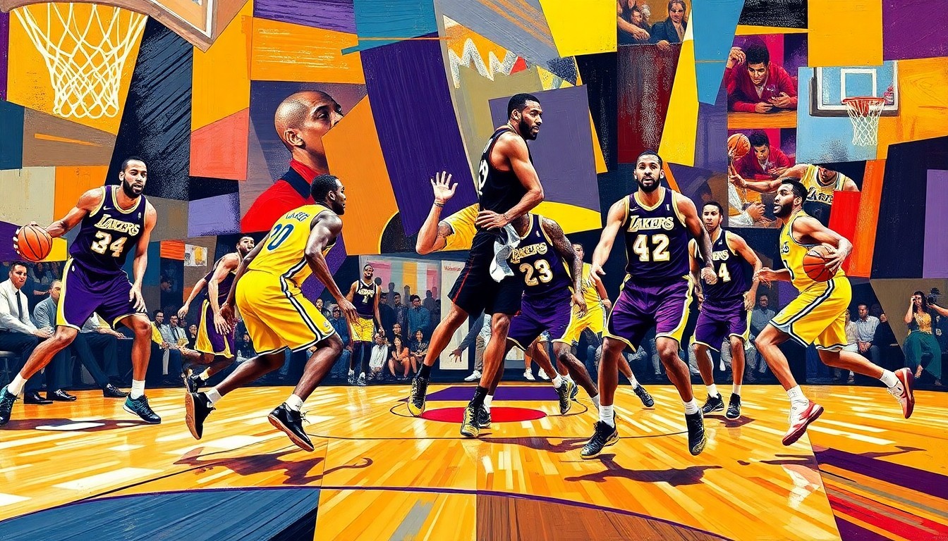 A cubist, geometric painting depicting a basketball game in motion, with the players and ball broken down into overlapping angular shapes in the Lakers' purple and gold colors.