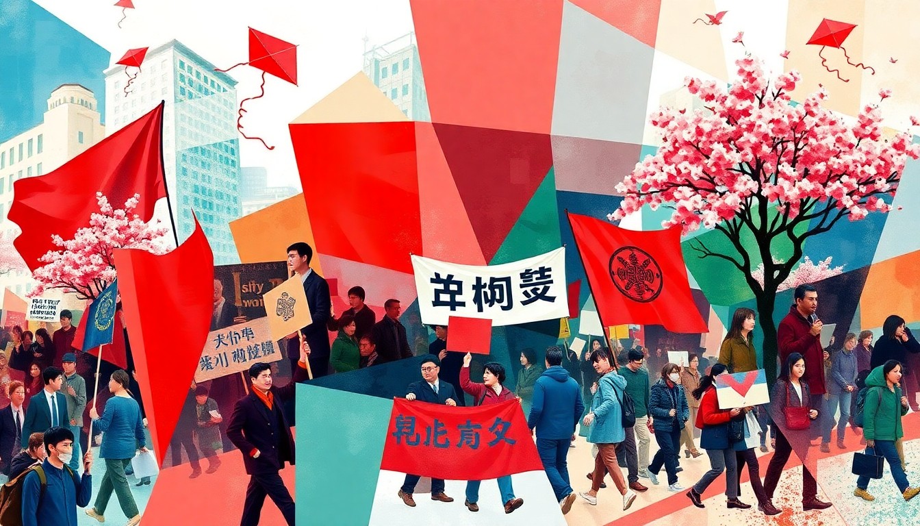 A dynamic, abstract painting featuring overlapping geometric shapes and waves of bright red, blue, and green, representing the convergence of protesters, kite-flyers, and cherry blossom viewers on the National Mall in Washington, D.C.