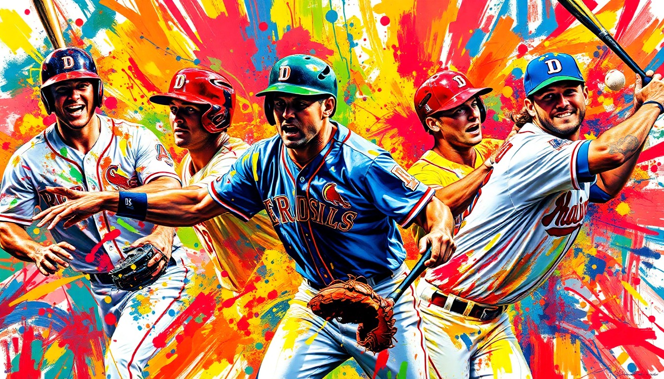 An abstract, expressionist painting featuring vibrant neon brushstrokes in shades of blue, orange, and green, capturing the dynamic energy and motion of a baseball game, with players' forms dissolving into colorful, unrecognizable shapes.