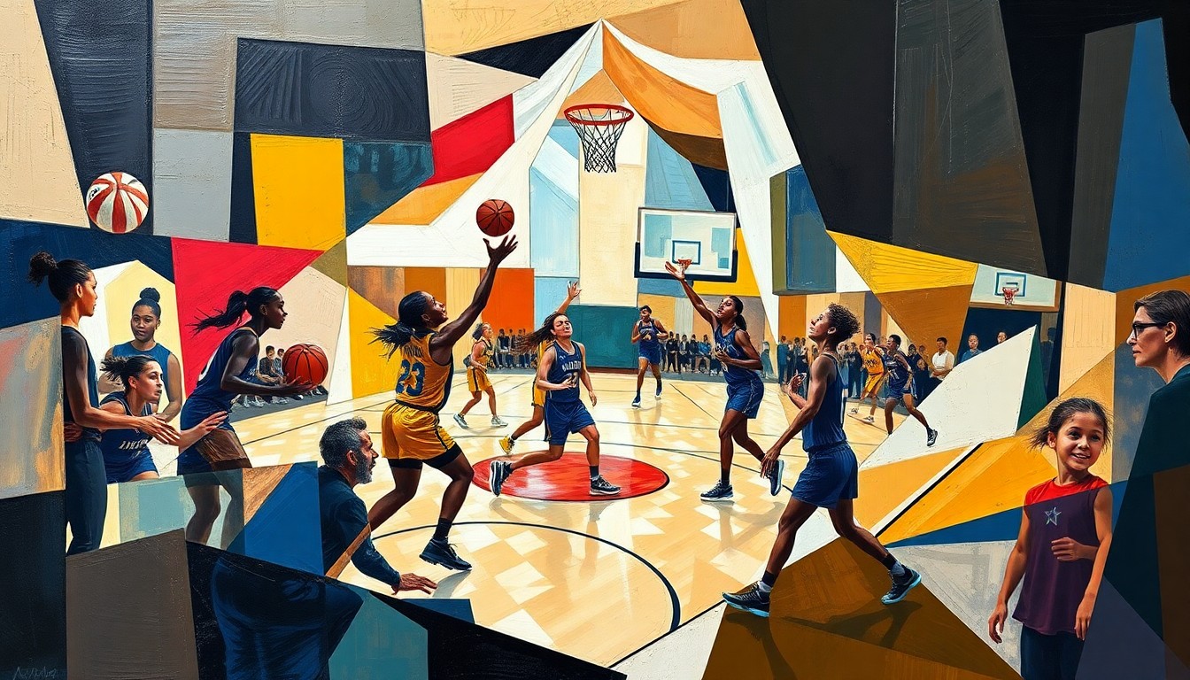 An abstract, cubist-style painting depicting the dynamic movements and energy of a women's basketball game, with the players and court deconstructed into sharp, overlapping geometric shapes and planes in vibrant colors.