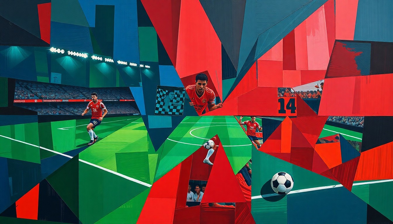 A cubist, geometric painting depicting a fragmented soccer match or competition, with sharp, overlapping planes of navy blue, forest green, and crimson red.