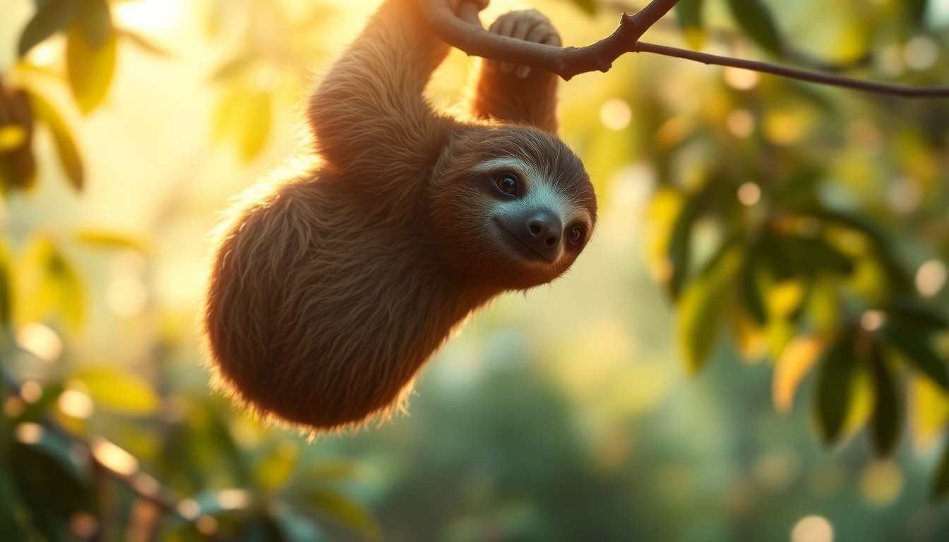 A soft, impressionistic photograph of a sloth hanging from a tree branch, its fur and the surrounding foliage blurred into a dreamlike composition of warm, earthy tones.