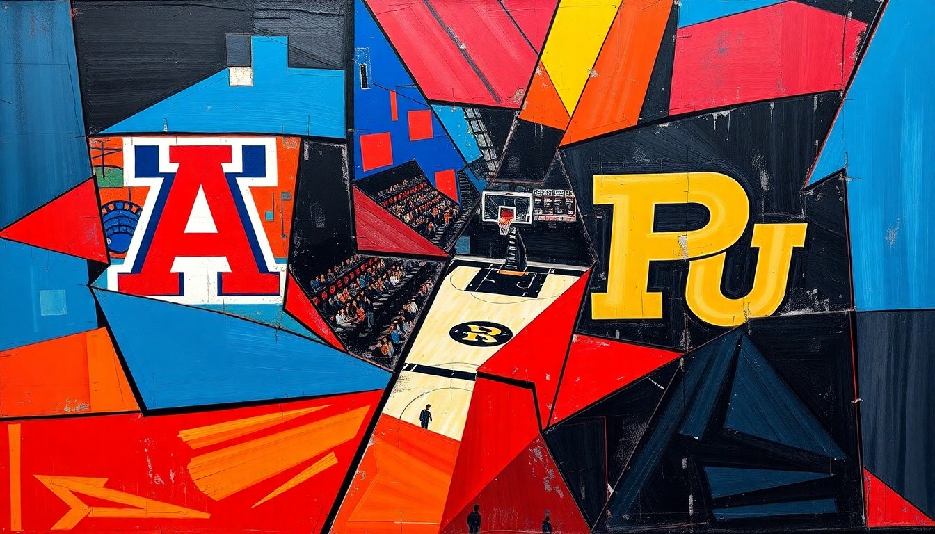 A fractured, multi-perspective painting in bold, overlapping geometric shapes and planes of red, blue, gold, and black, conceptually representing the dynamic Elite 8 basketball game between Arizona and Purdue.