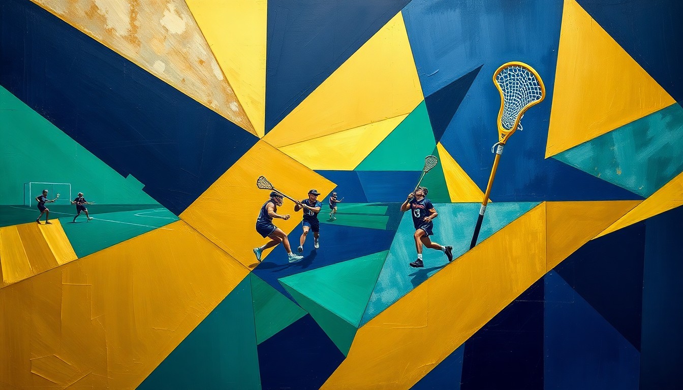 A fragmented, geometric painting depicting a lacrosse game in progress, with sharp planes of navy, gold, and green overlapping to create a sense of movement and disruption.
