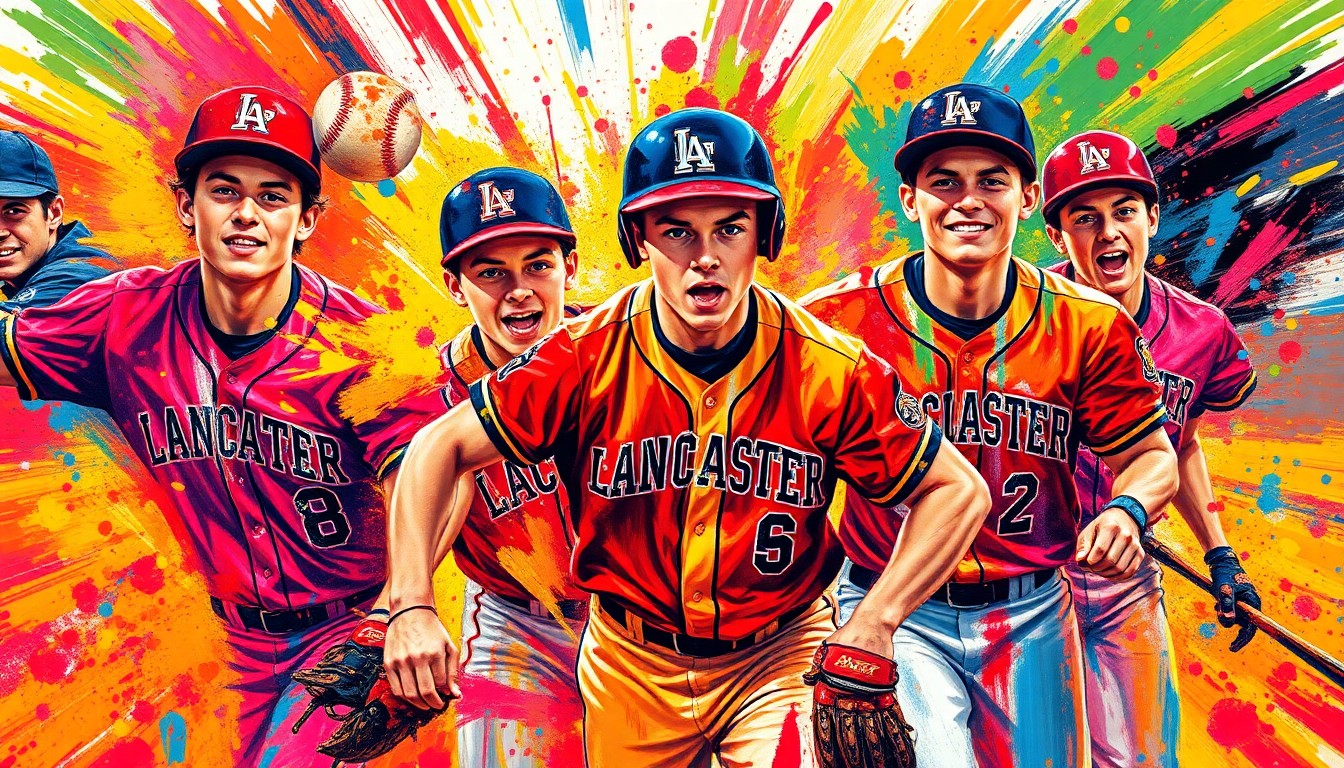 A dynamic, colorful painting featuring the energetic movements and plays of a high school baseball game, with players and equipment blending into a vibrant, expressionist style.