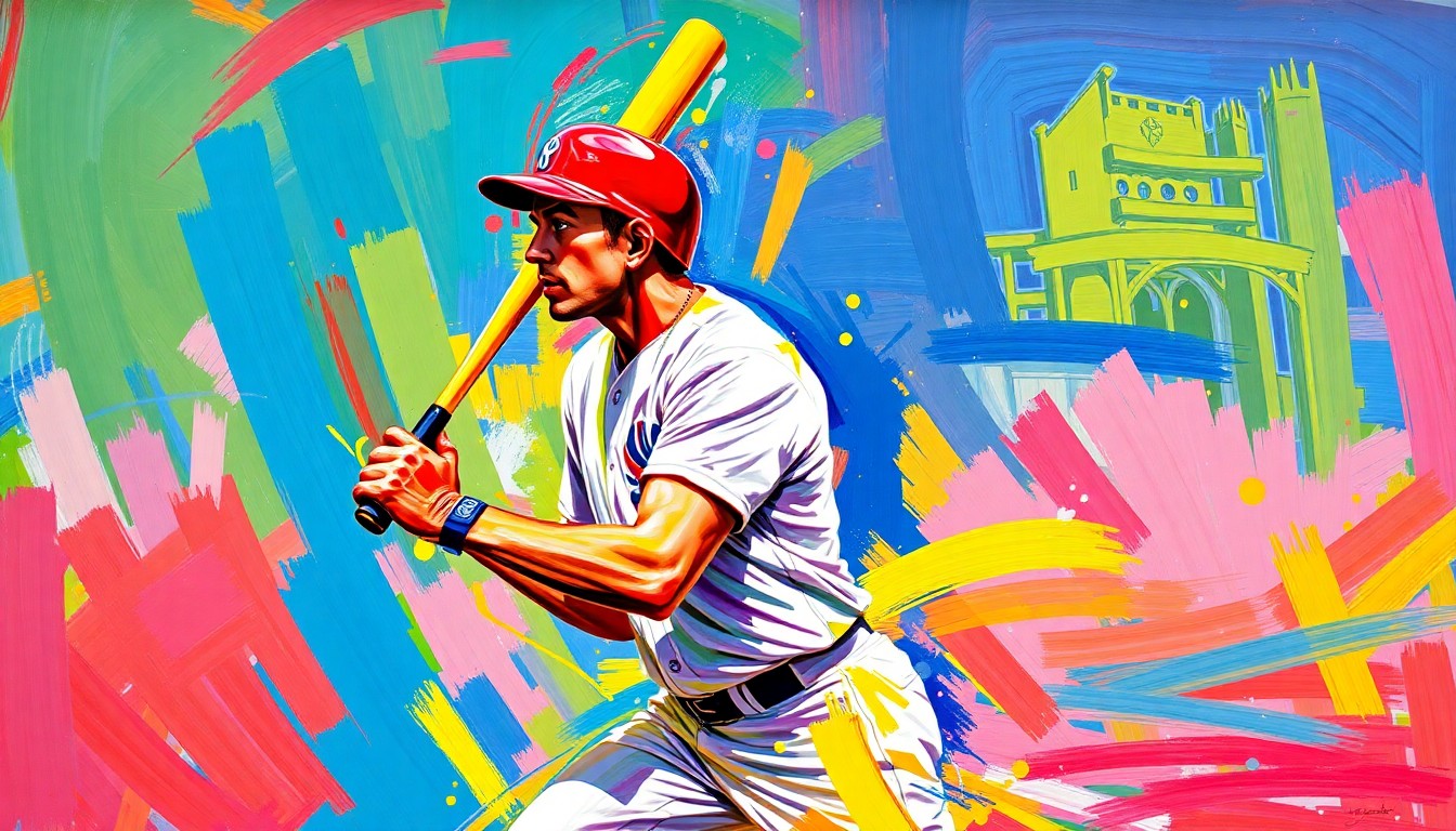 An abstract, energetic painting in a vibrant expressionist style, depicting a baseball player in motion with bold, neon-colored brushstrokes that capture the raw energy and dynamism of the sport.