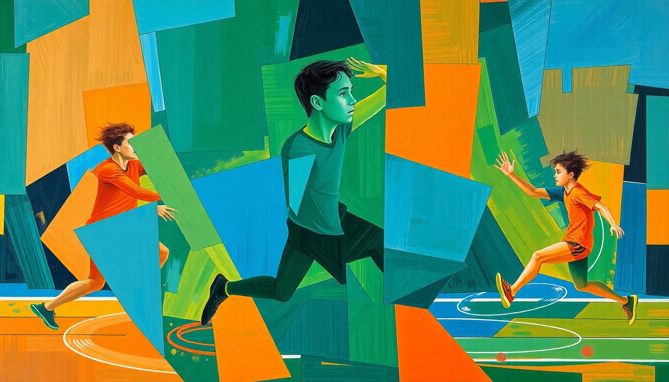 A cubist, geometric painting depicting a high school boys track and field competition, with overlapping planes of deep blue, forest green, and burnt orange representing the dynamic movements and competitive spirit of the athletes.